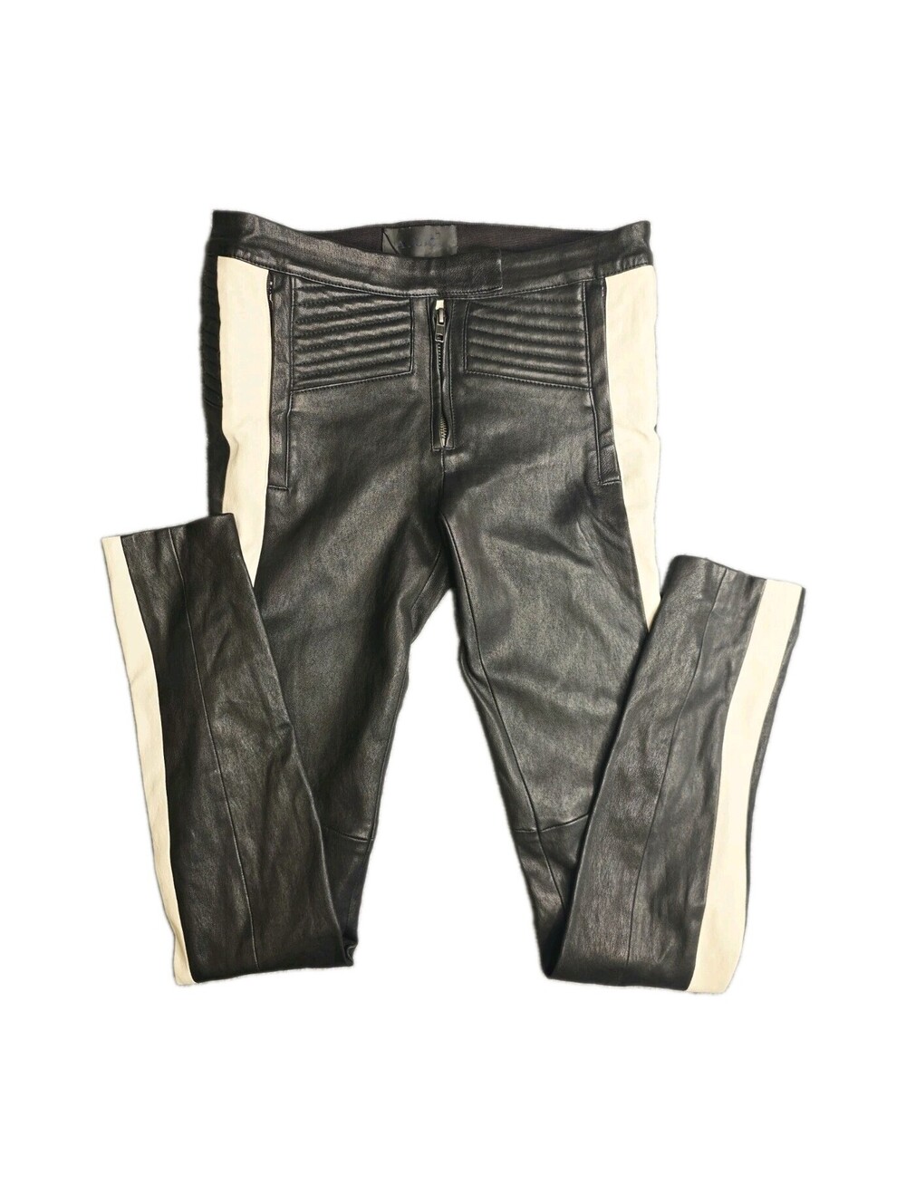 A.L.C. Raptor Black Leather Skinny Moto Pants Cream Side Stripe Size 0 Tech Tag
